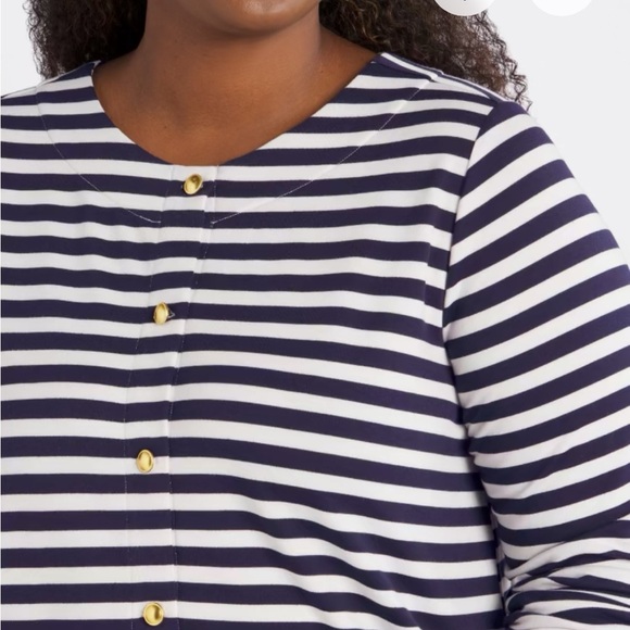 Bobeau Striped Dark Navy and White Cardigan with Gold Buttons Size 1X - Picture 2 of 10